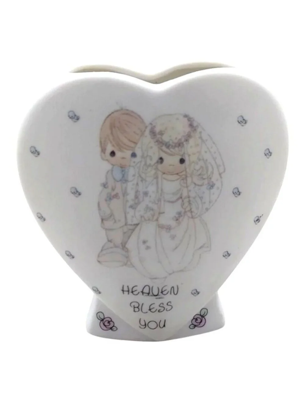 Precious Moments Vase Wedding Heaven Bless You Porcelain Heart Shaped 1988 Gift